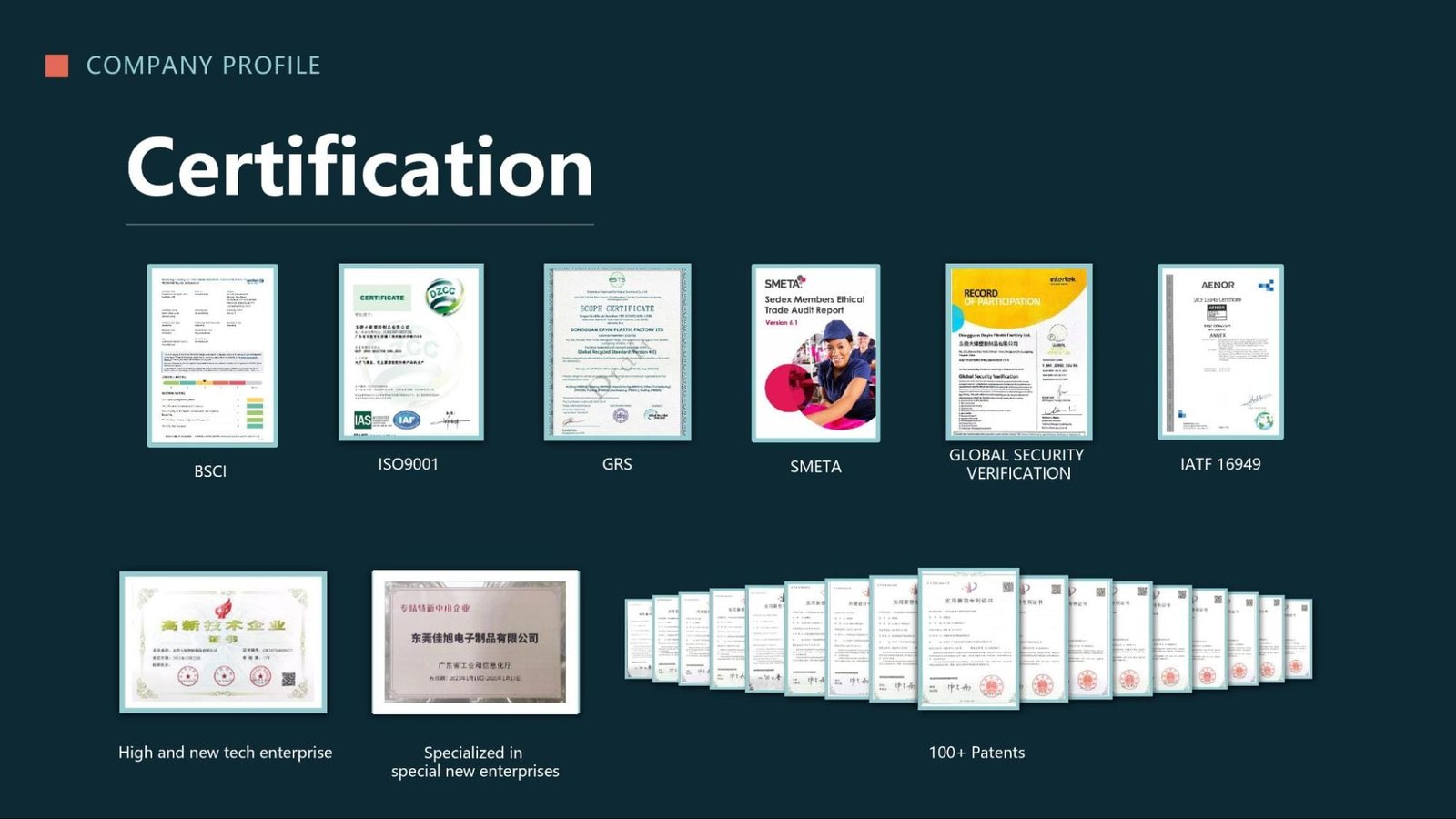International certifications and patents of DAYIN's plastic injection molded products from the China facility.