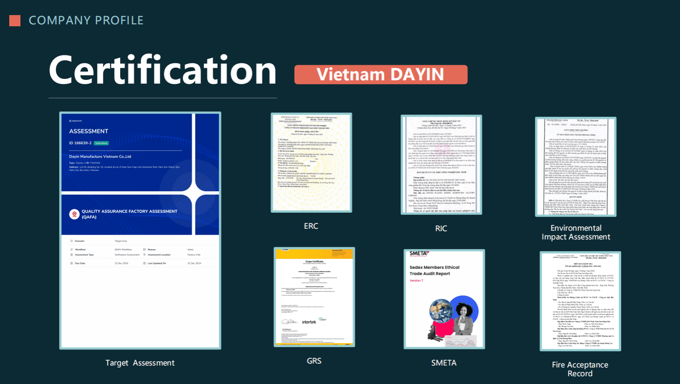 International certifications and patents of DAYIN's plastic injection molded products from the Vietnam facility.