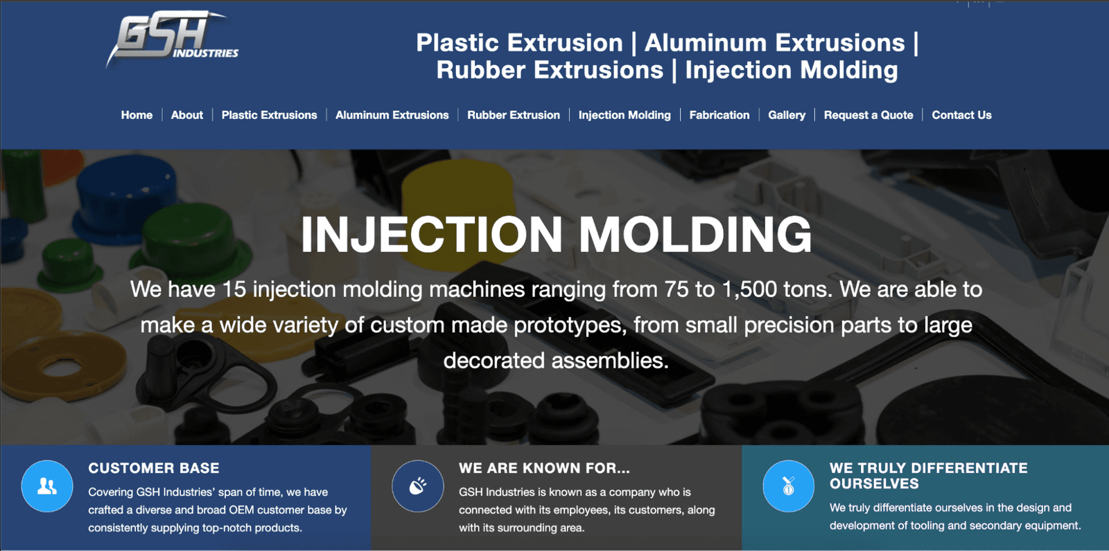 Top 15 Plastic Injection Molding Companies Serving the USA 3 A screenshot of GSH’s Industries’ website homepage.