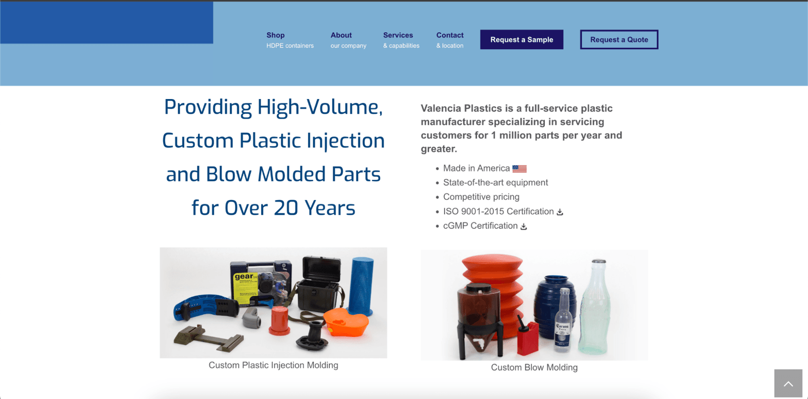 Top 15 Plastic Injection Molding Companies Serving the USA 12 A screenshot of Valencia Plastics’s website homepage.