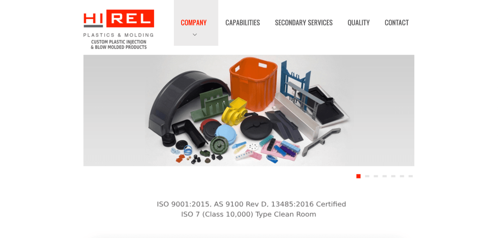 Top 15 Plastic Injection Molding Companies Serving the USA 5 A screenshot of Hi-Rel Plastics & Molding’s website homepage.