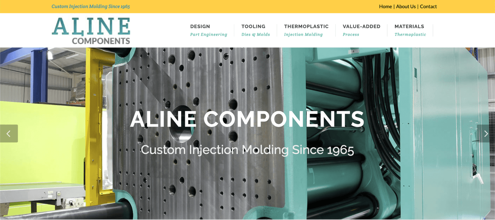 Top 15 Plastic Injection Molding Companies Serving the USA 14 A screenshot of Aline Components’s website homepage.