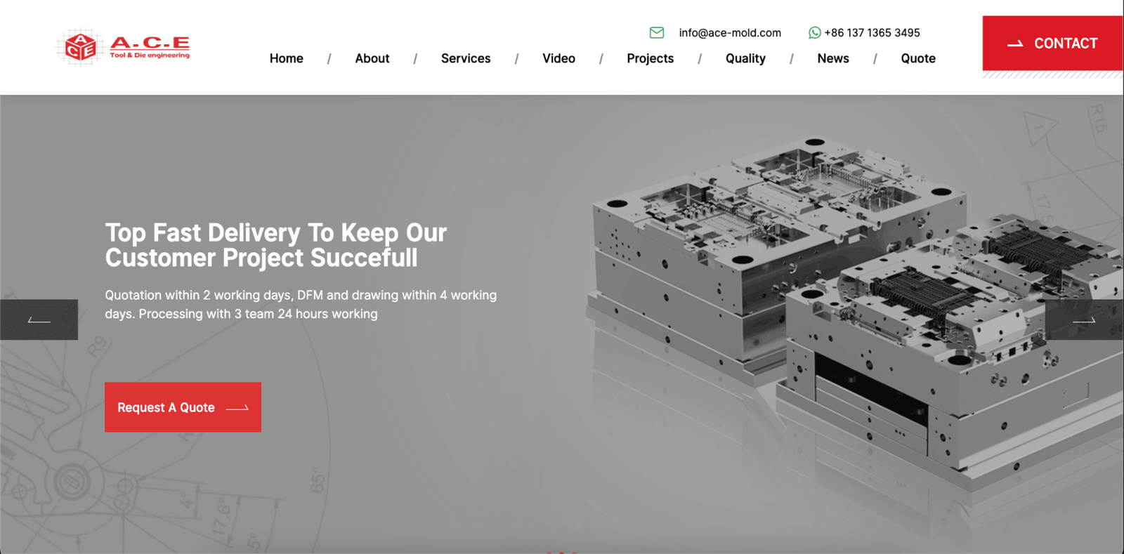Top 15 Plastic Injection Molding Companies Serving the USA 7 A screenshot of ACE Tool & Die Engineering’s website homepage.
