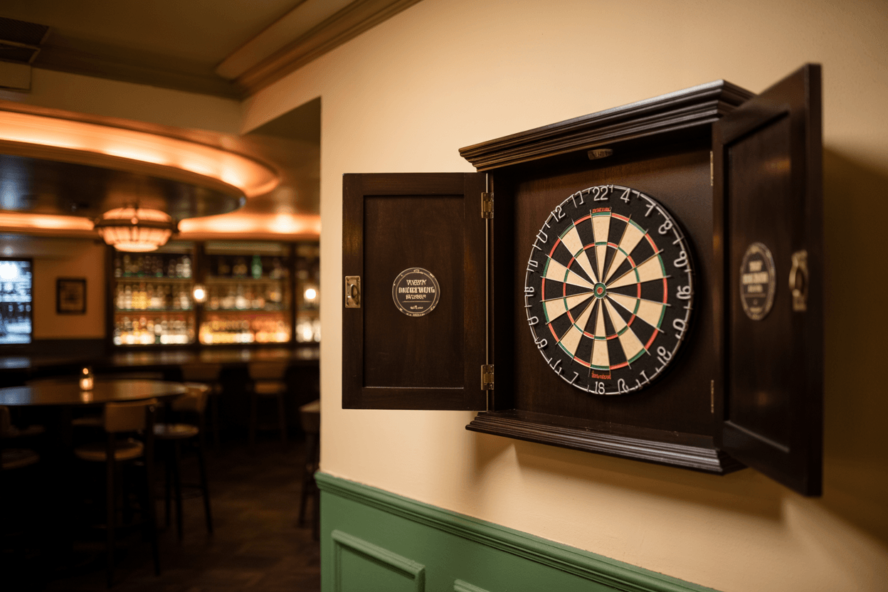 Dart board cabinets offer wall protection, storage convenience, and aesthetic appeal.