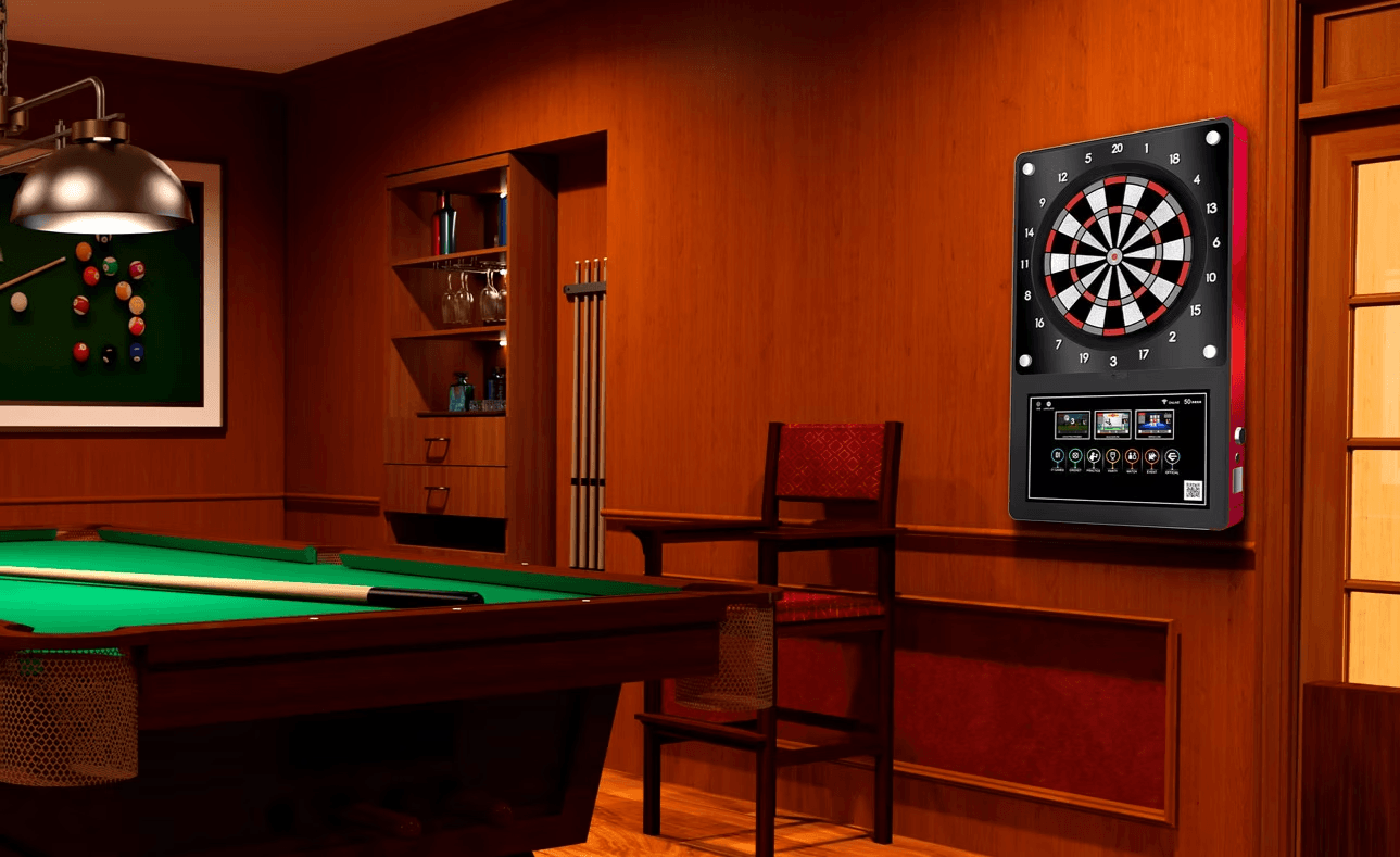 8 Best Electronic Dartboards for Interactive Fun 4 A picture of an electronic dartboard mounted on a pub wall next to a pool table.