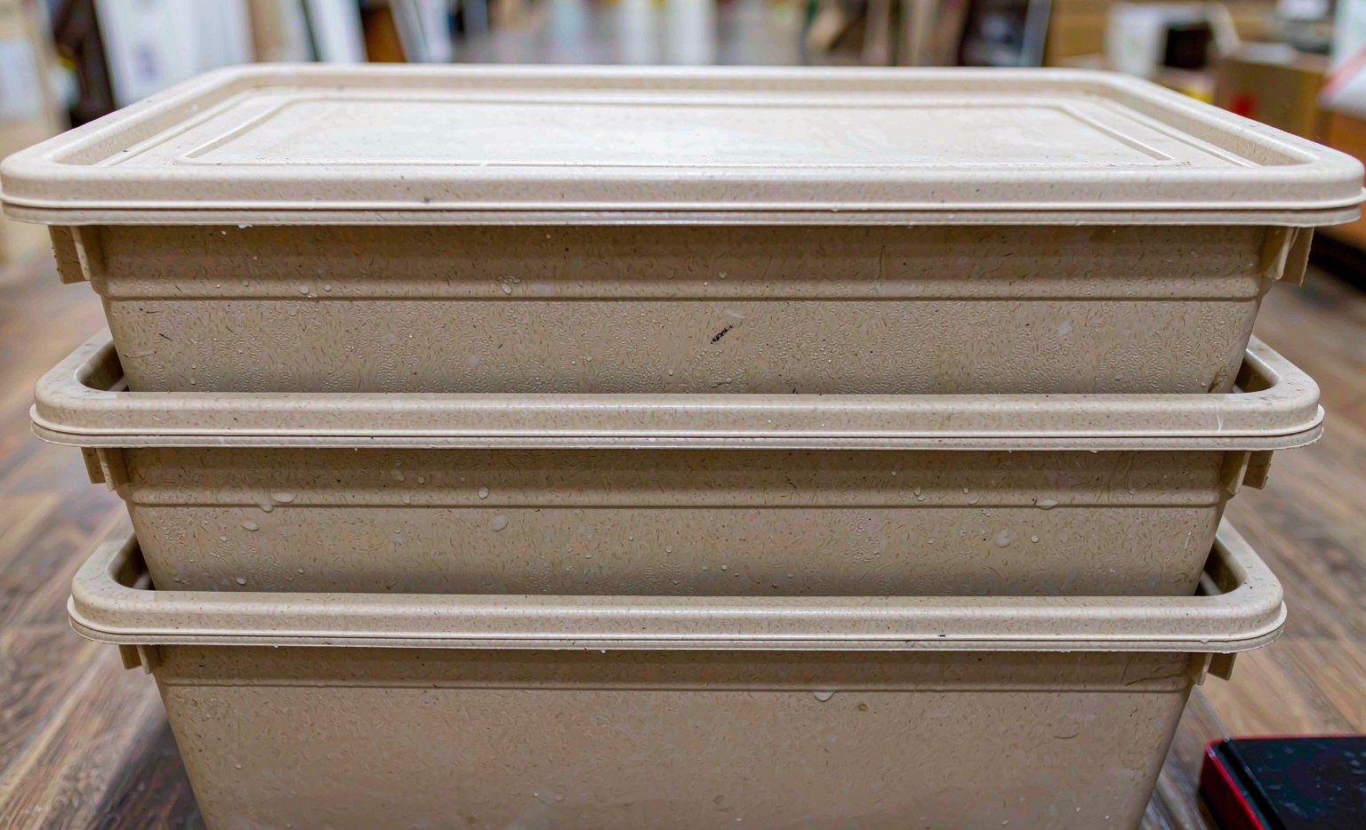 Stack of polypropylene containers showing low-cost molding
