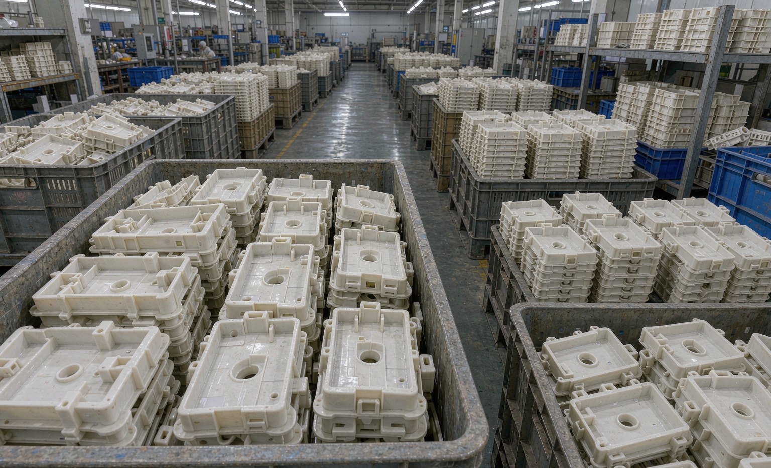 Bins of identical molded plastic components showing mass production