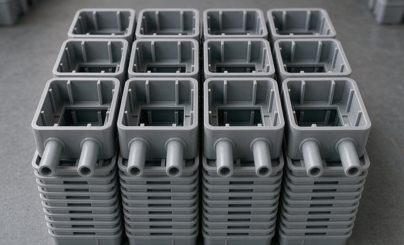Stacked identical injection molded plastic housings ready for assembly