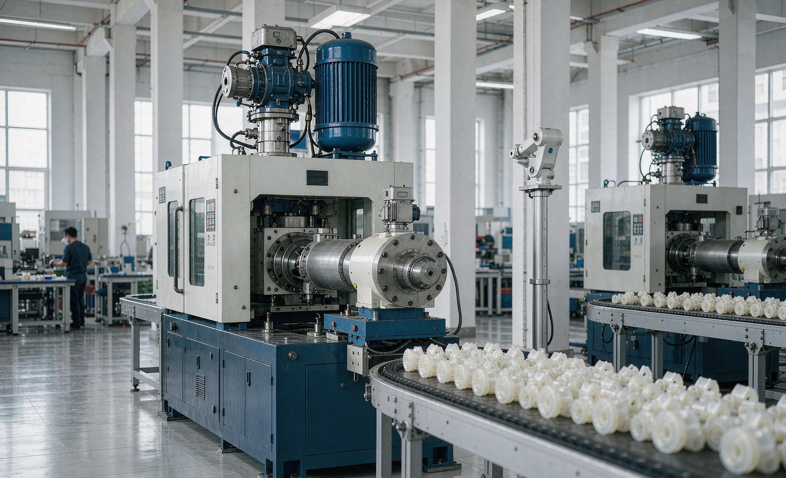 Plastic injection molding machine on a factory floor