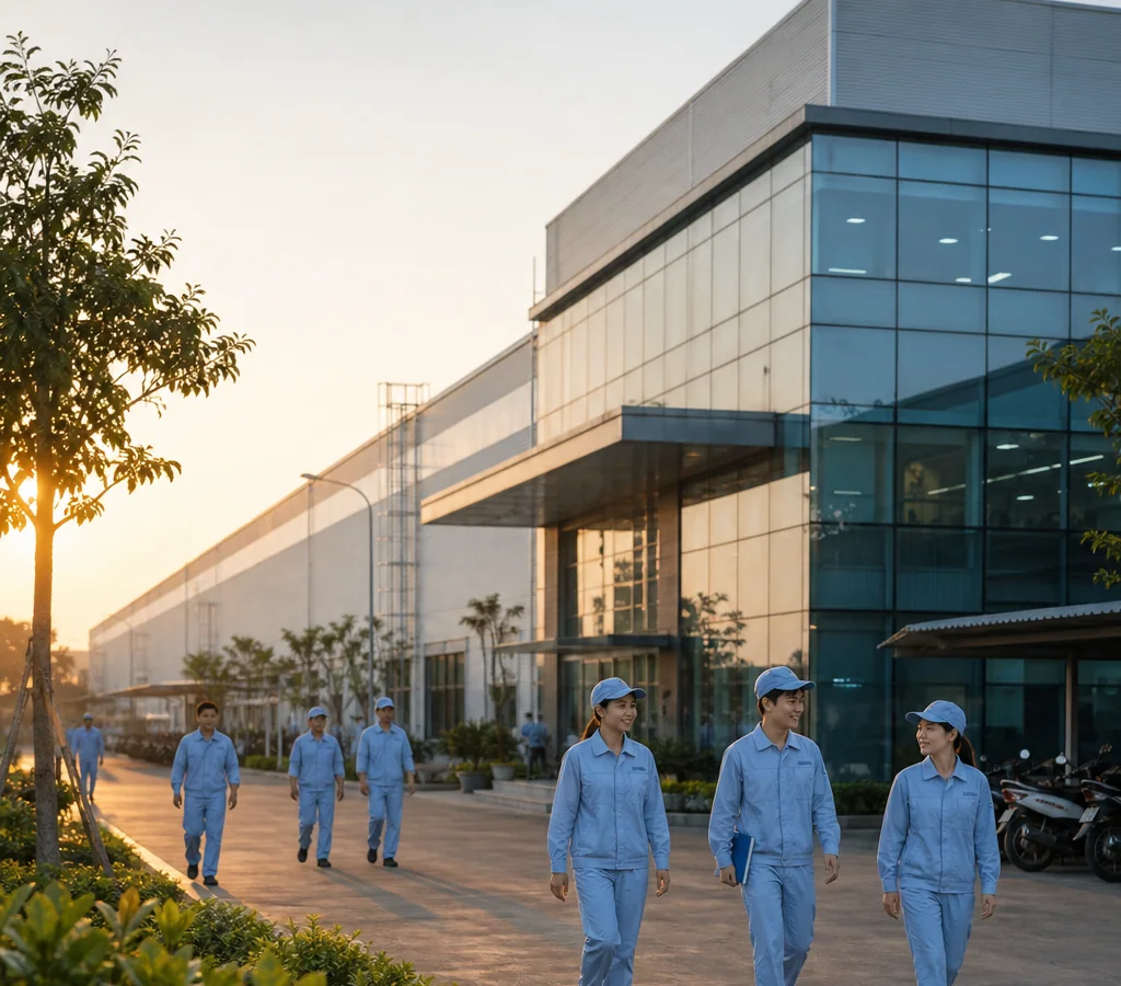 Modern industrial manufacturing building in Vietnam with workers walking outside at golden hour