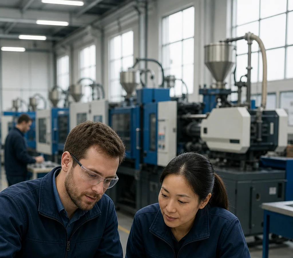 Engineers reviewing a plastic prototype and a mold insert on a worktable inside an injection molding facility.