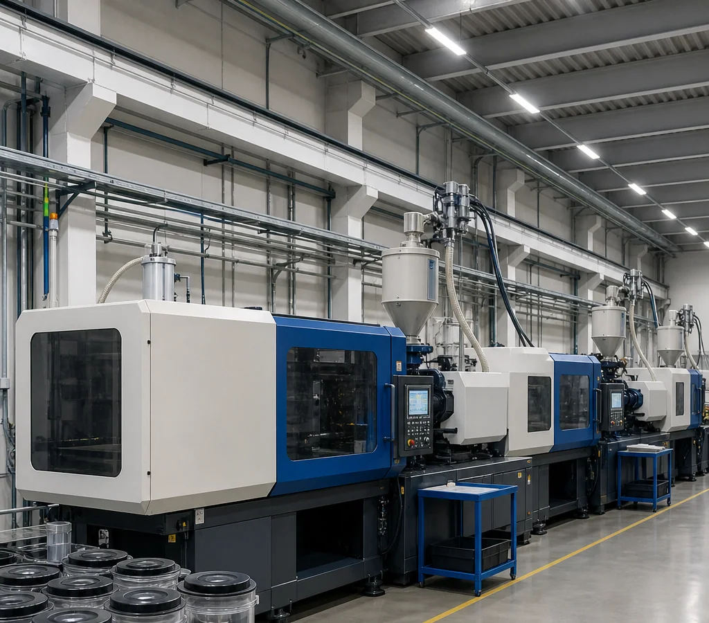 Row of injection molding machines inside a clean manufacturing hall with material bins in the foreground