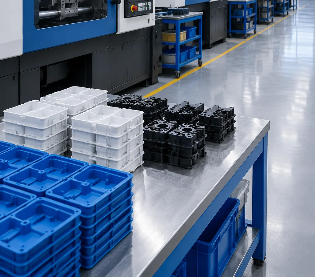 Injection molding workshop with a row of machines and stacked molded plastic parts on a workbench