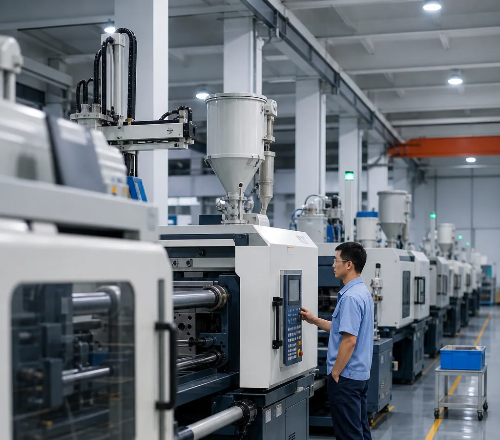 Injection molding workshop with rows of machines and a technician checking a control panel