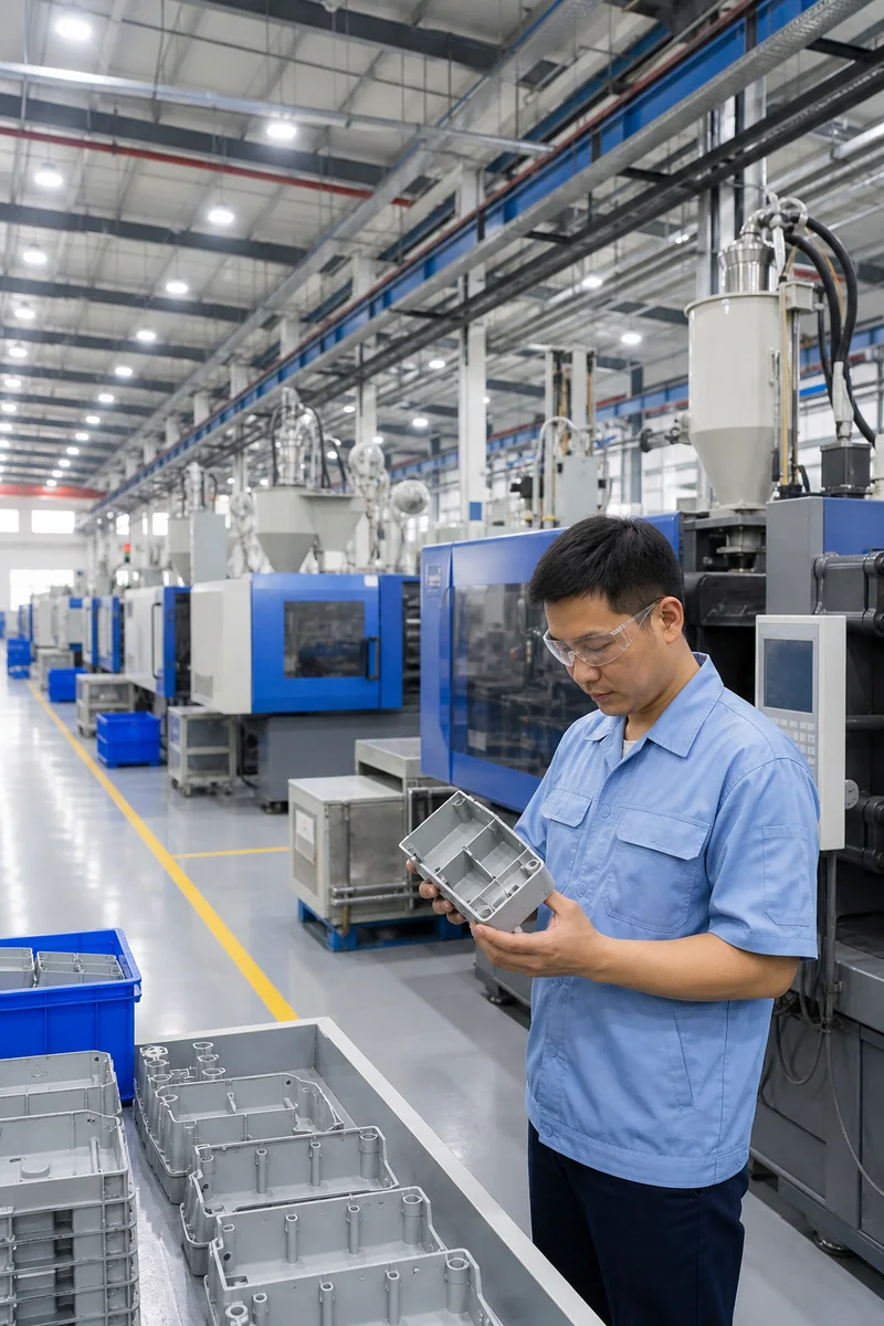 Engineer inspecting a molded plastic part on the production floor of an injection molding factory