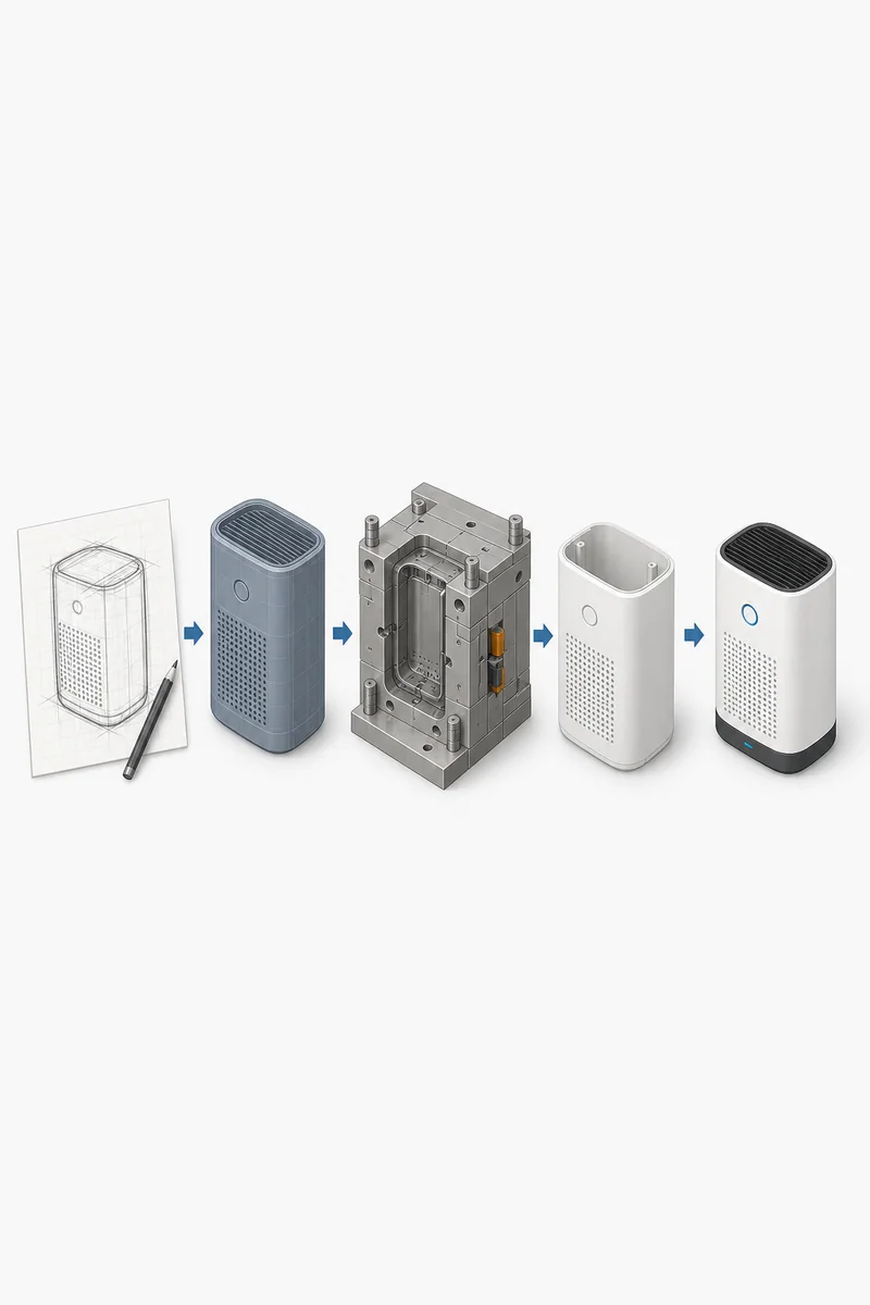 Left-to-right sequence from a product concept sketch and CAD model to an injection mold, a molded plastic housing and a finished assembled consumer product.