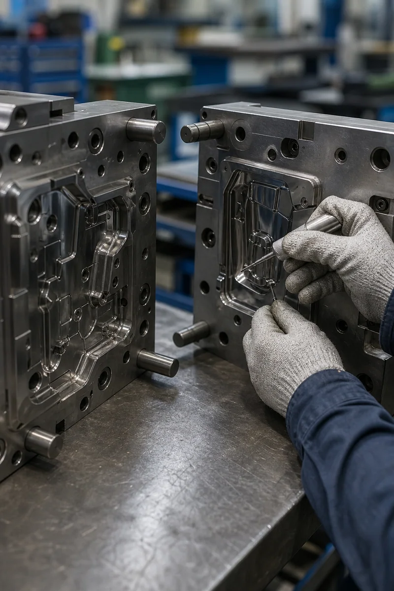 Gloved hands inspecting the cavity of an open precision injection mold on a workshop bench