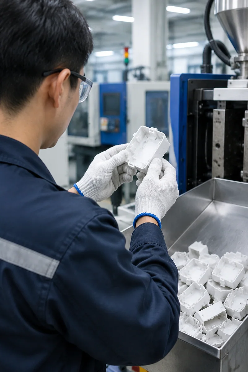 Technician viewed from behind inspecting freshly molded plastic parts beside an injection molding machine
