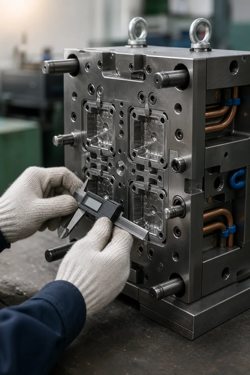 Multi-cavity steel injection mold on a workbench being measured with a digital caliper