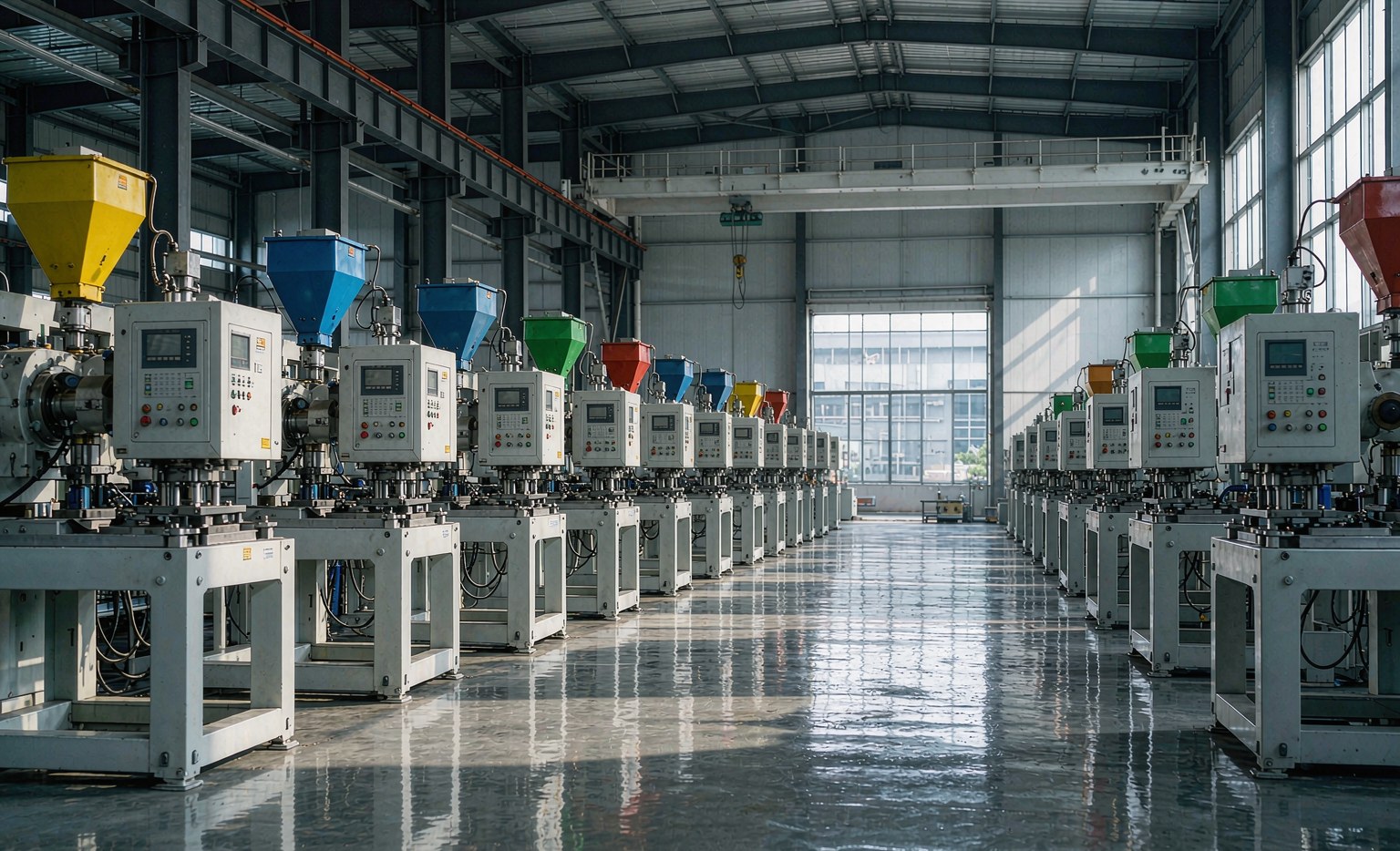 Modern injection molding factory floor with machines in a row