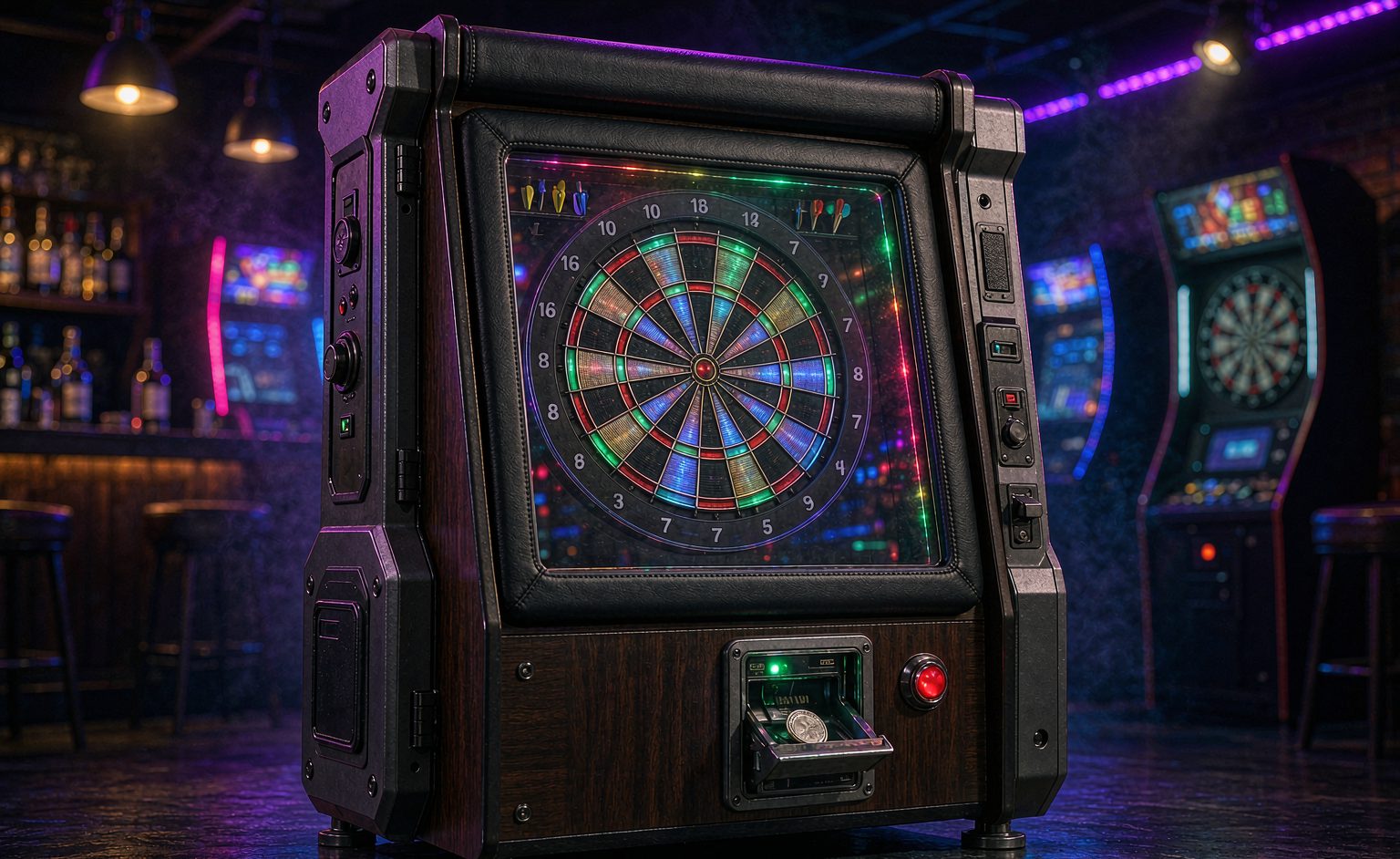 Coin operated electronic dart machine cabinet in a game room with colorful lighting