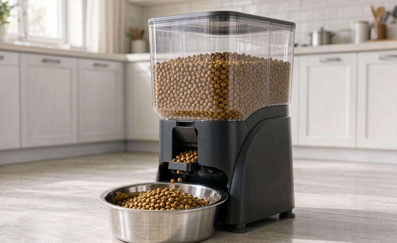 Automatic pet feeder with kibble hopper dispensing into a bowl