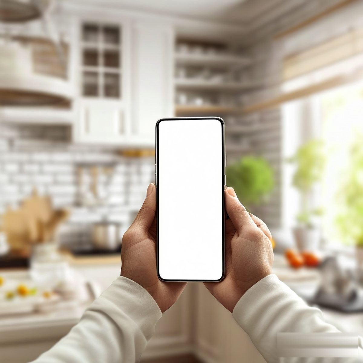 Hands holding a smartphone with Wi-Fi settings next to a pet feeder