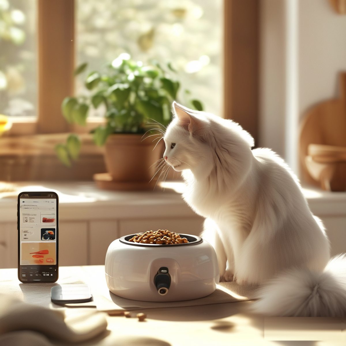 White cat sitting beside a smart pet feeder on a kitchen counter with a smartphone