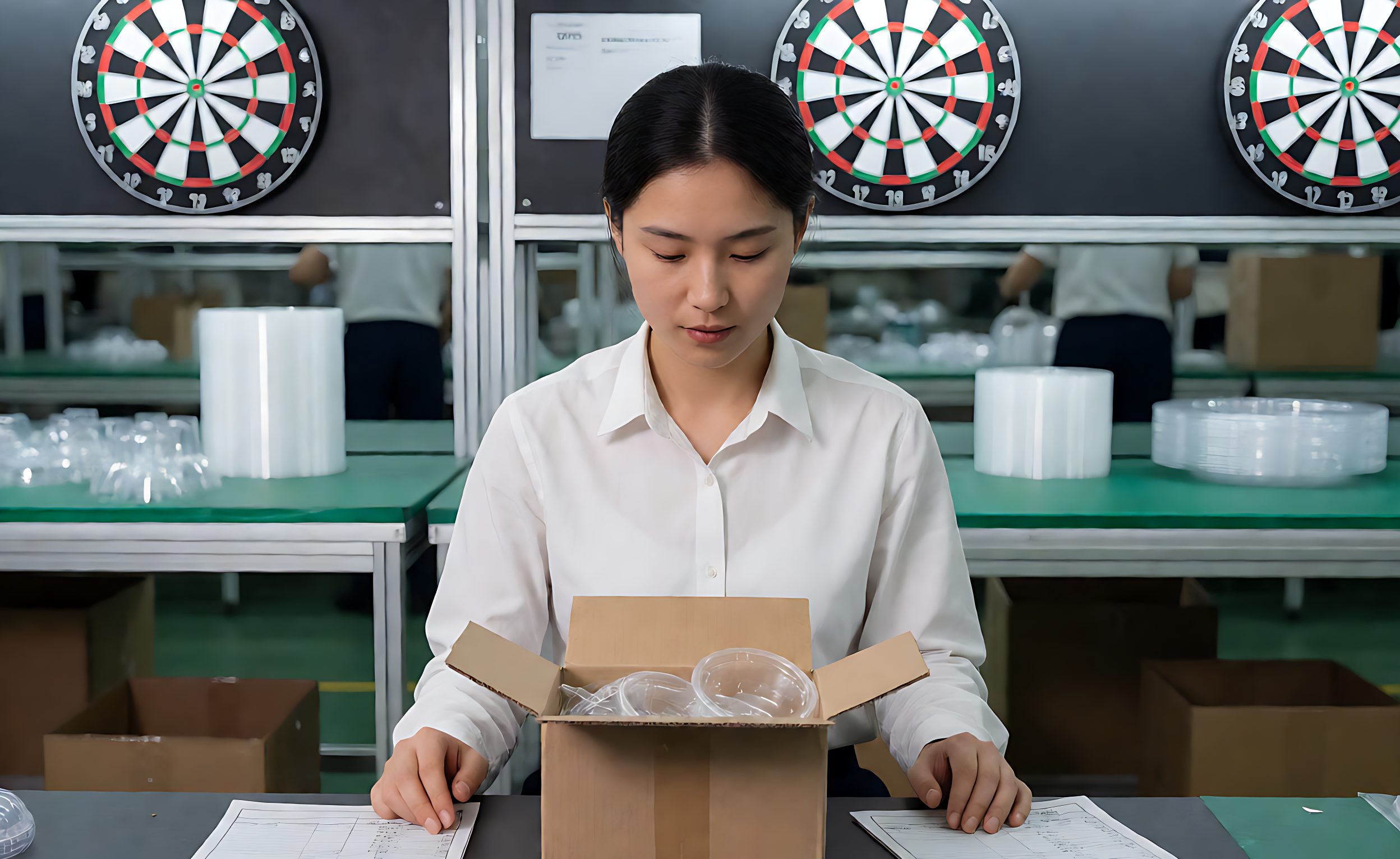Inspector sampling plastic consumer products from a carton during AQL inspection