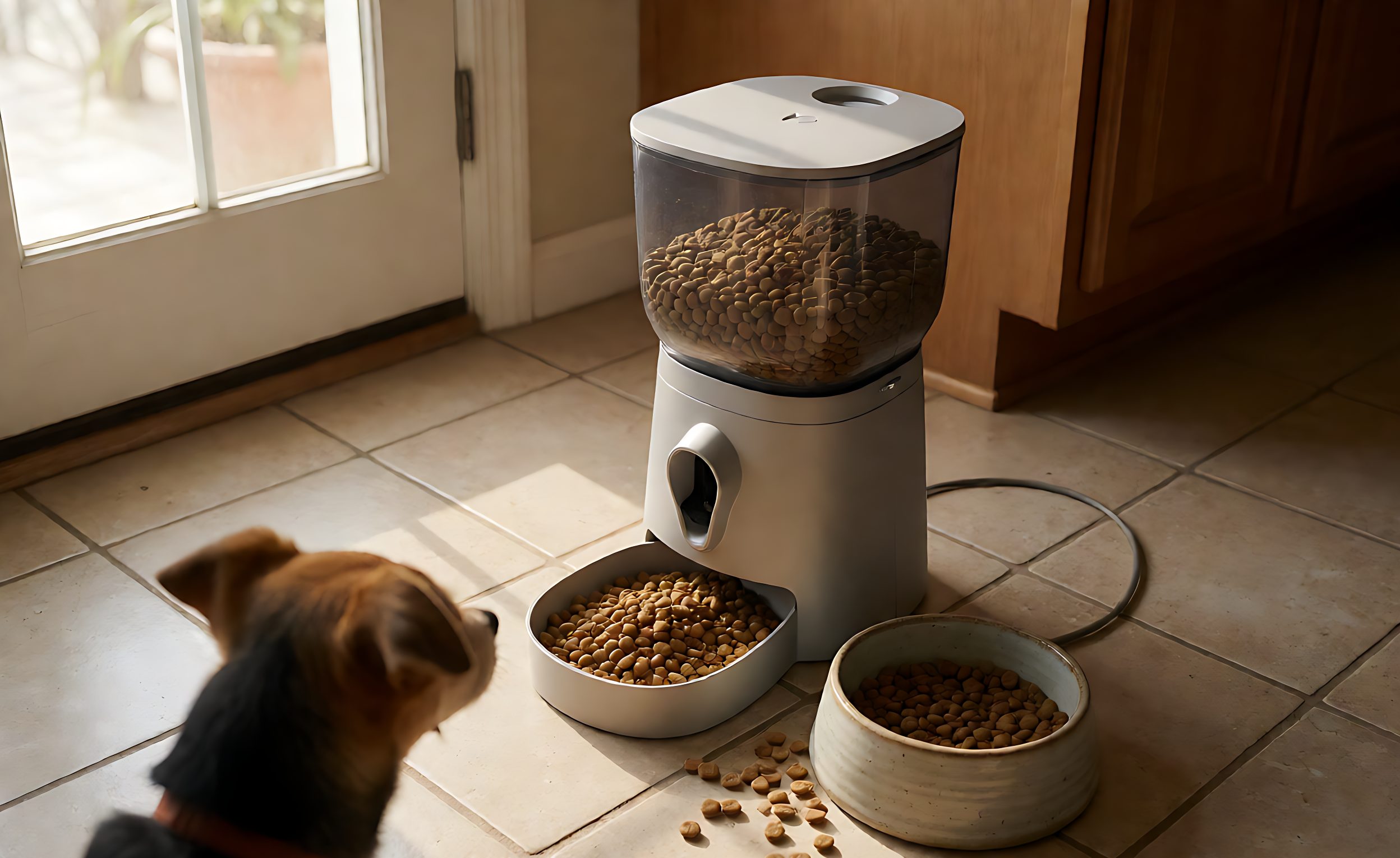 Automatic pet feeder dispensing kibble into a bowl on a kitchen floor