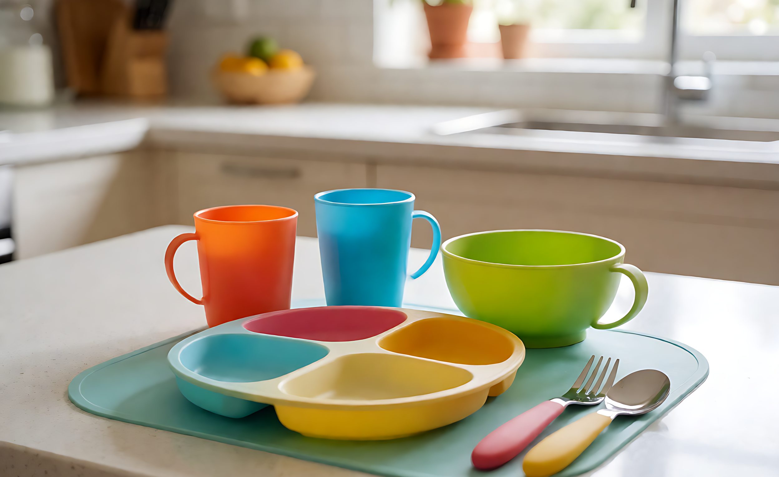 Colorful children's plastic tableware set with divided plate, cup and bowl