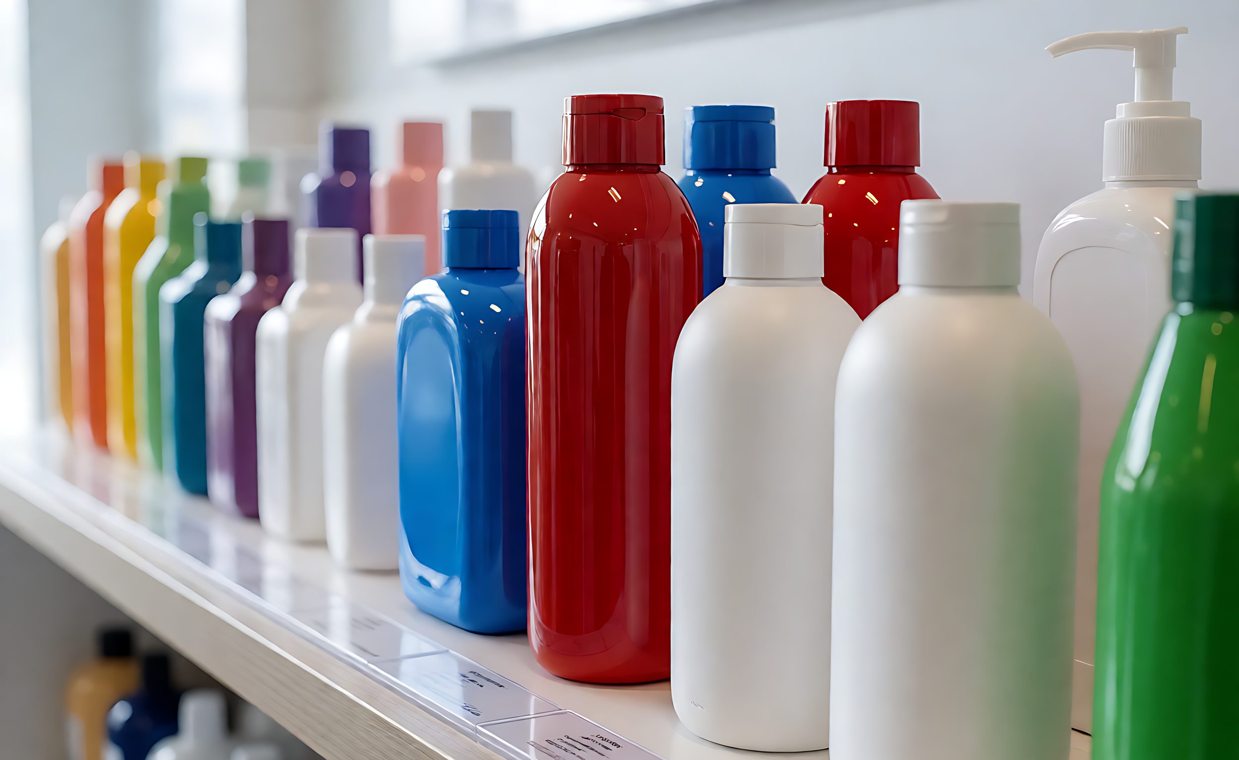 Plastic consumer products in gloss and matte finishes on a display shelf