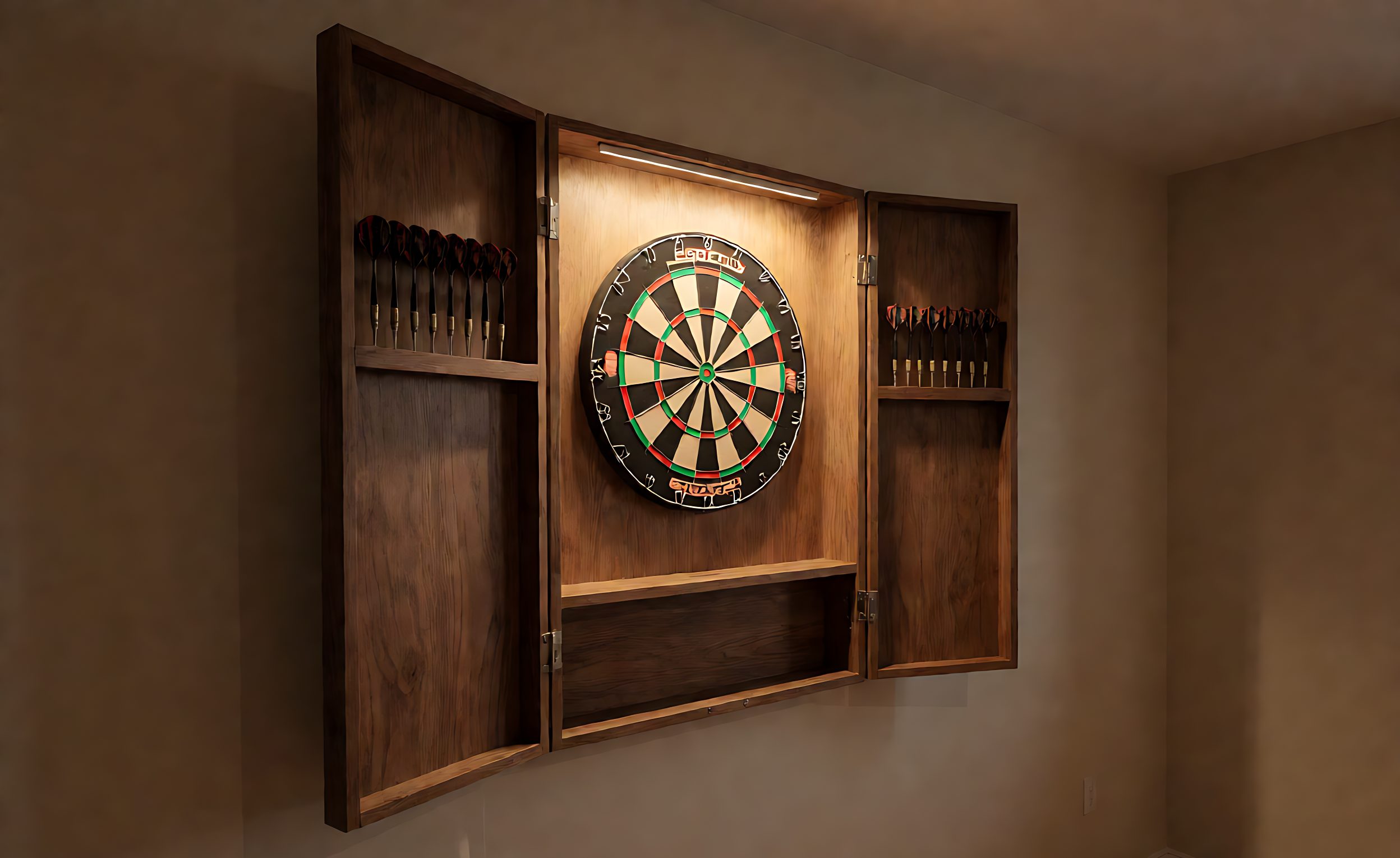 Open dartboard cabinet on a wall with a bristle board inside and darts hanging on the doors