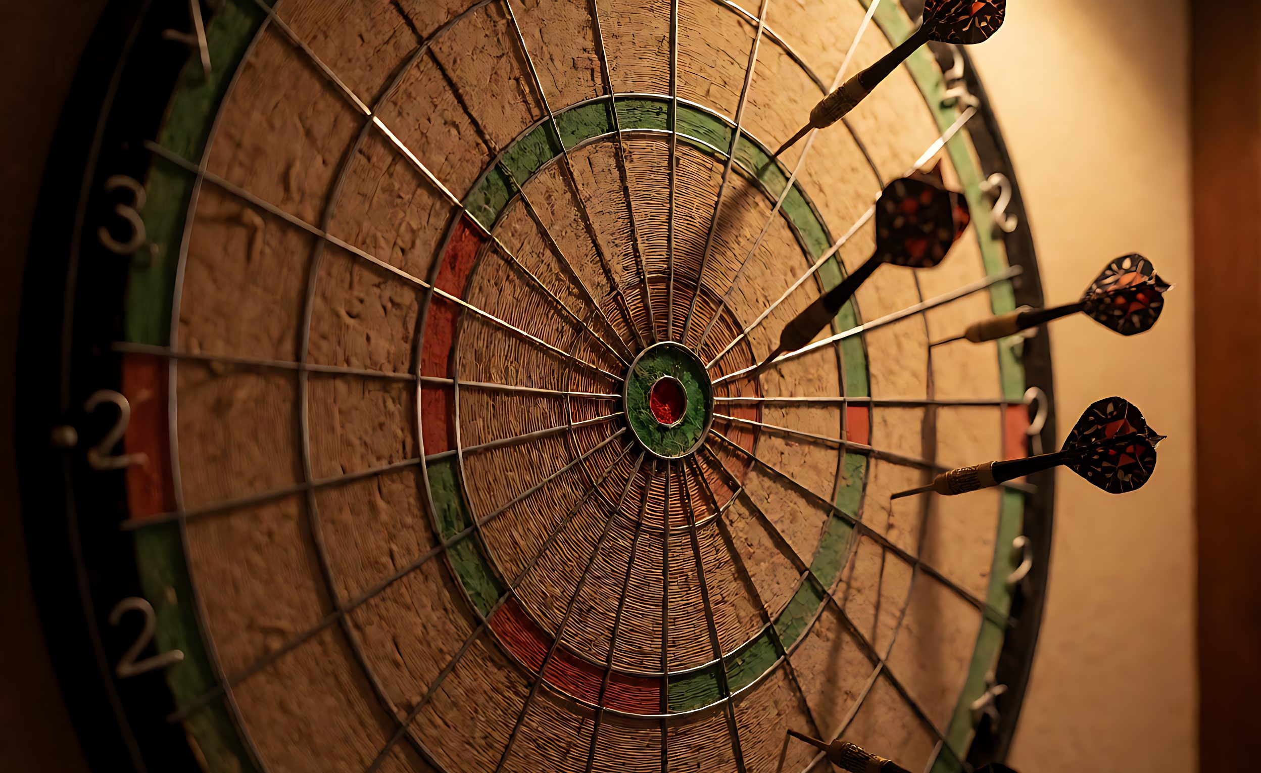 Round dartboard playing surface of densely packed fibres with darts stuck in