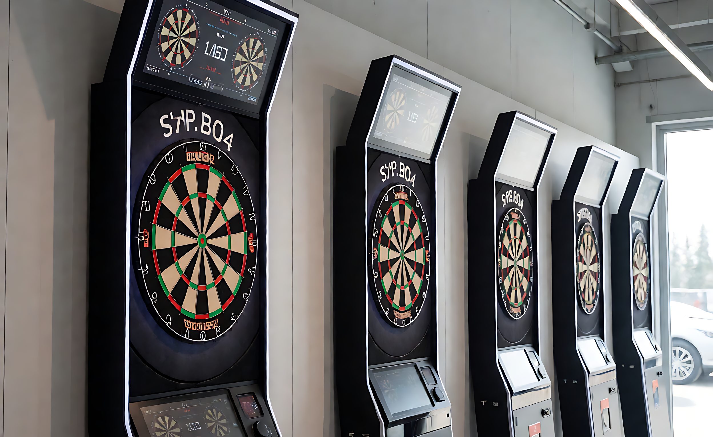 Modern electronic dartboard with LED scoring display in a factory showroom