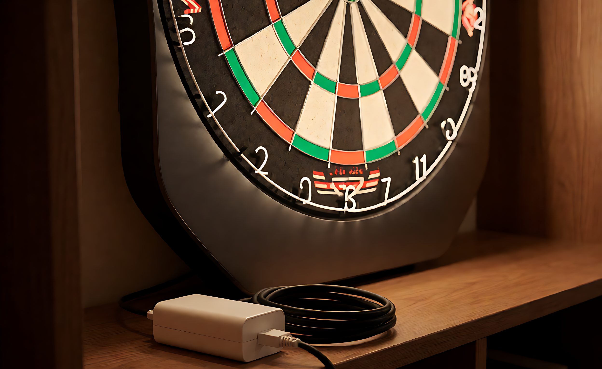Electronic dartboard with an AC adapter and coiled cable on a shelf below