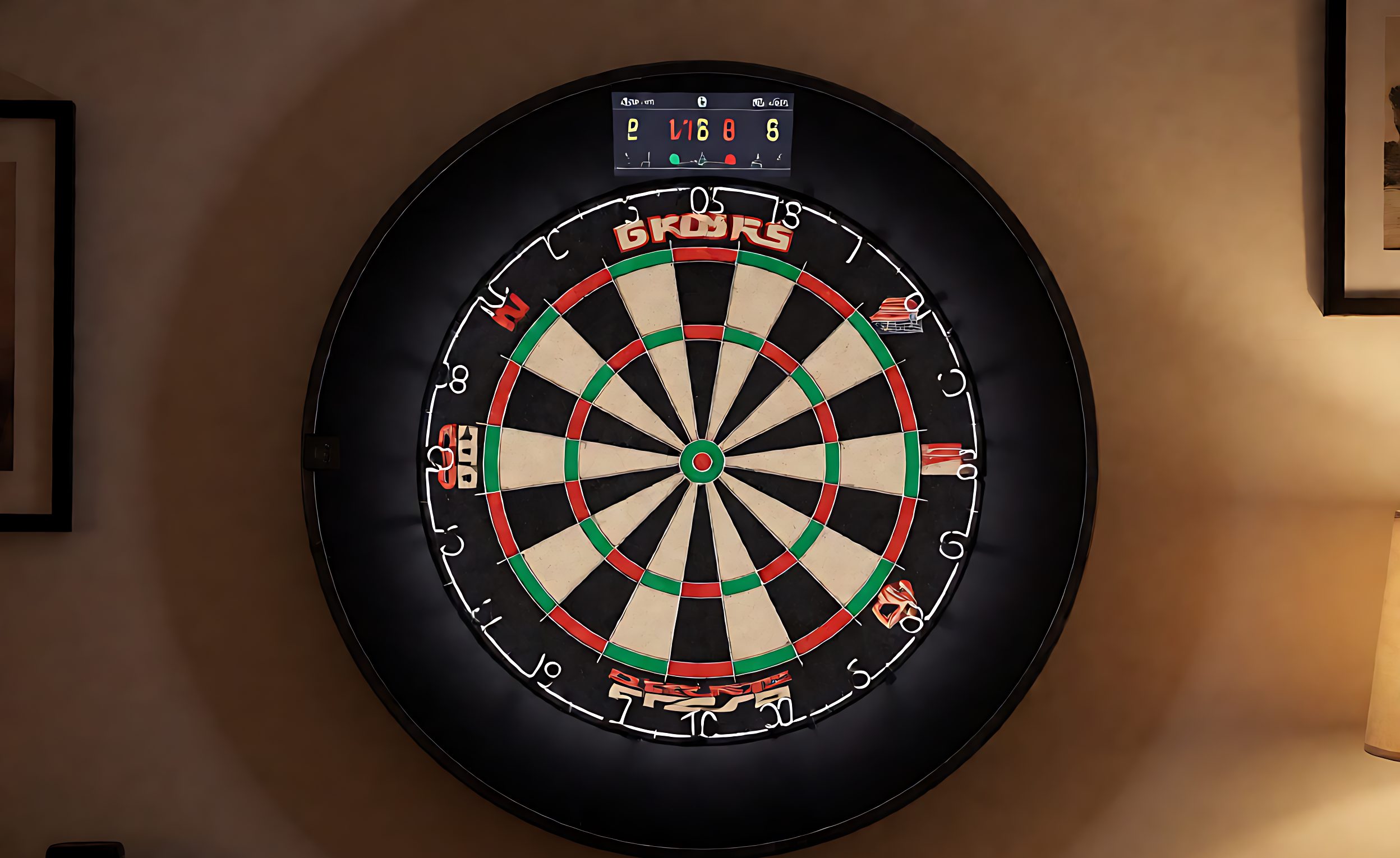 Electronic dartboard on a wall with lit segments and a digital score display