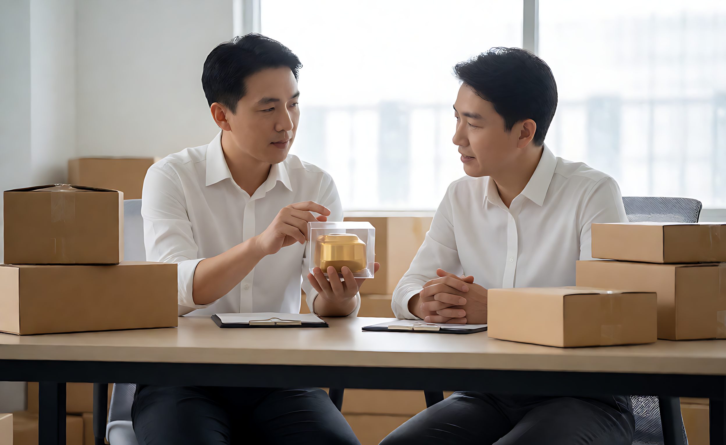 Product samples and a sealed golden sample on a factory meeting table