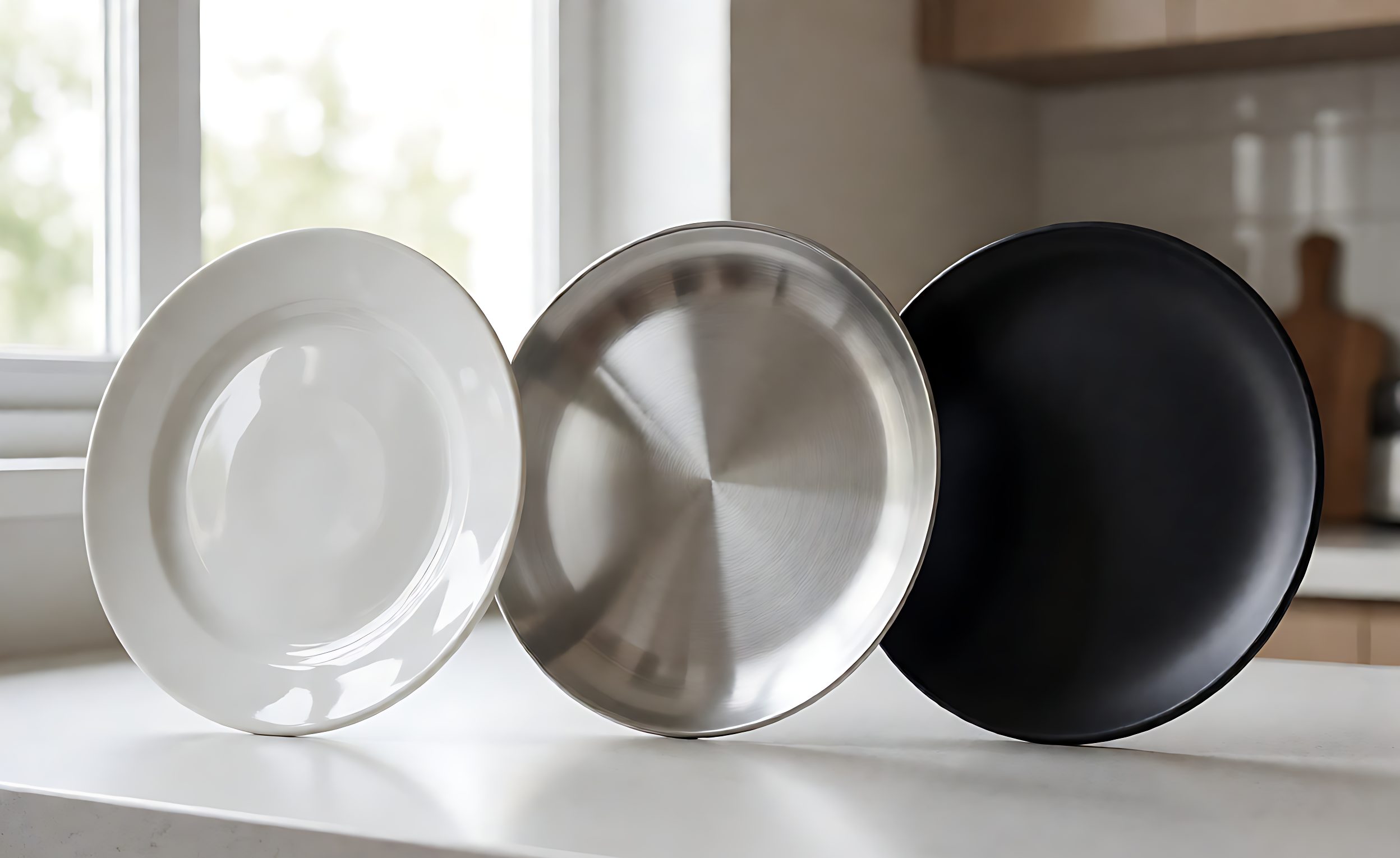 Three tableware plates in different materials compared on a kitchen counter