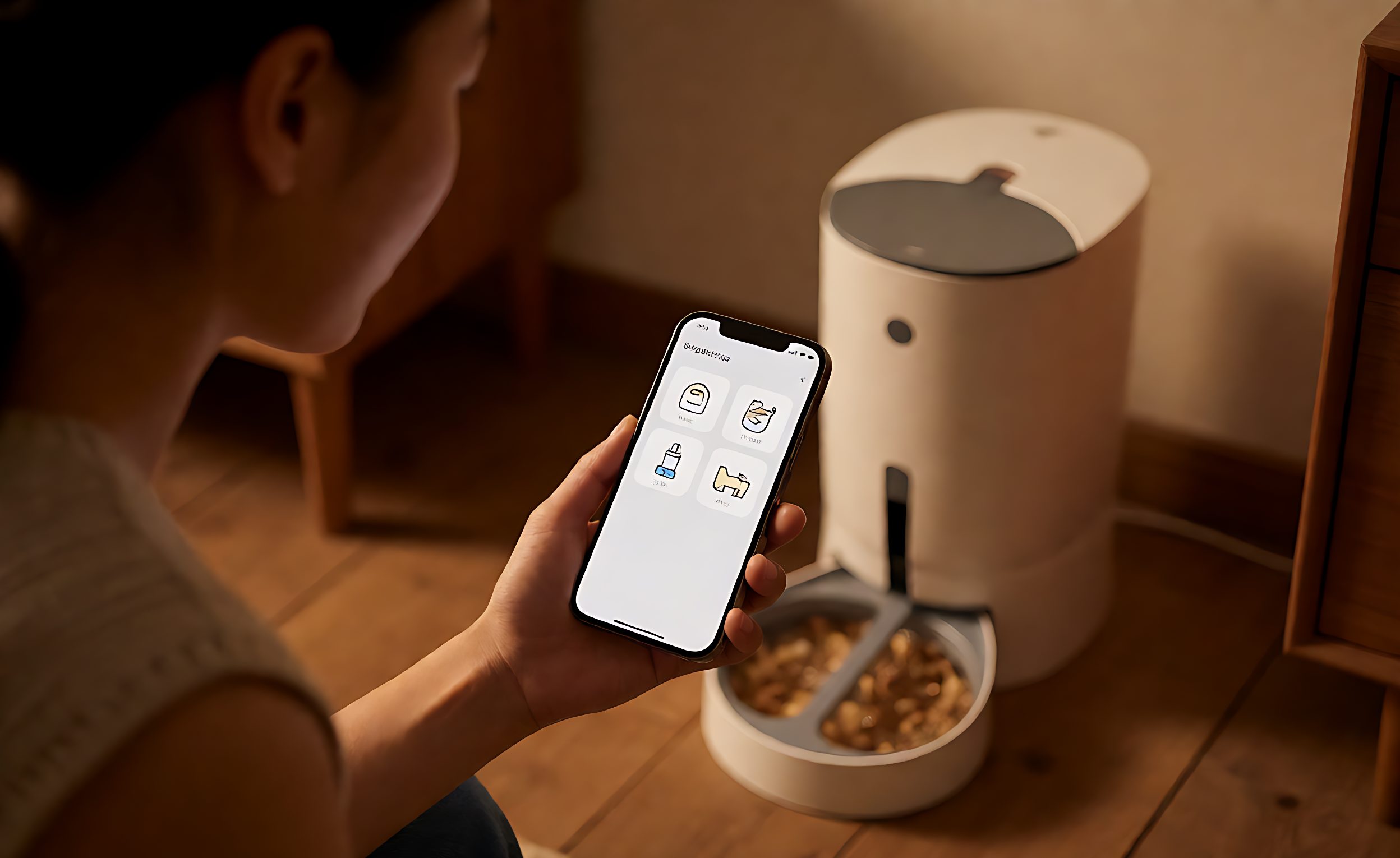 Hand holding a smartphone with a feeder schedule screen beside a connected feeder