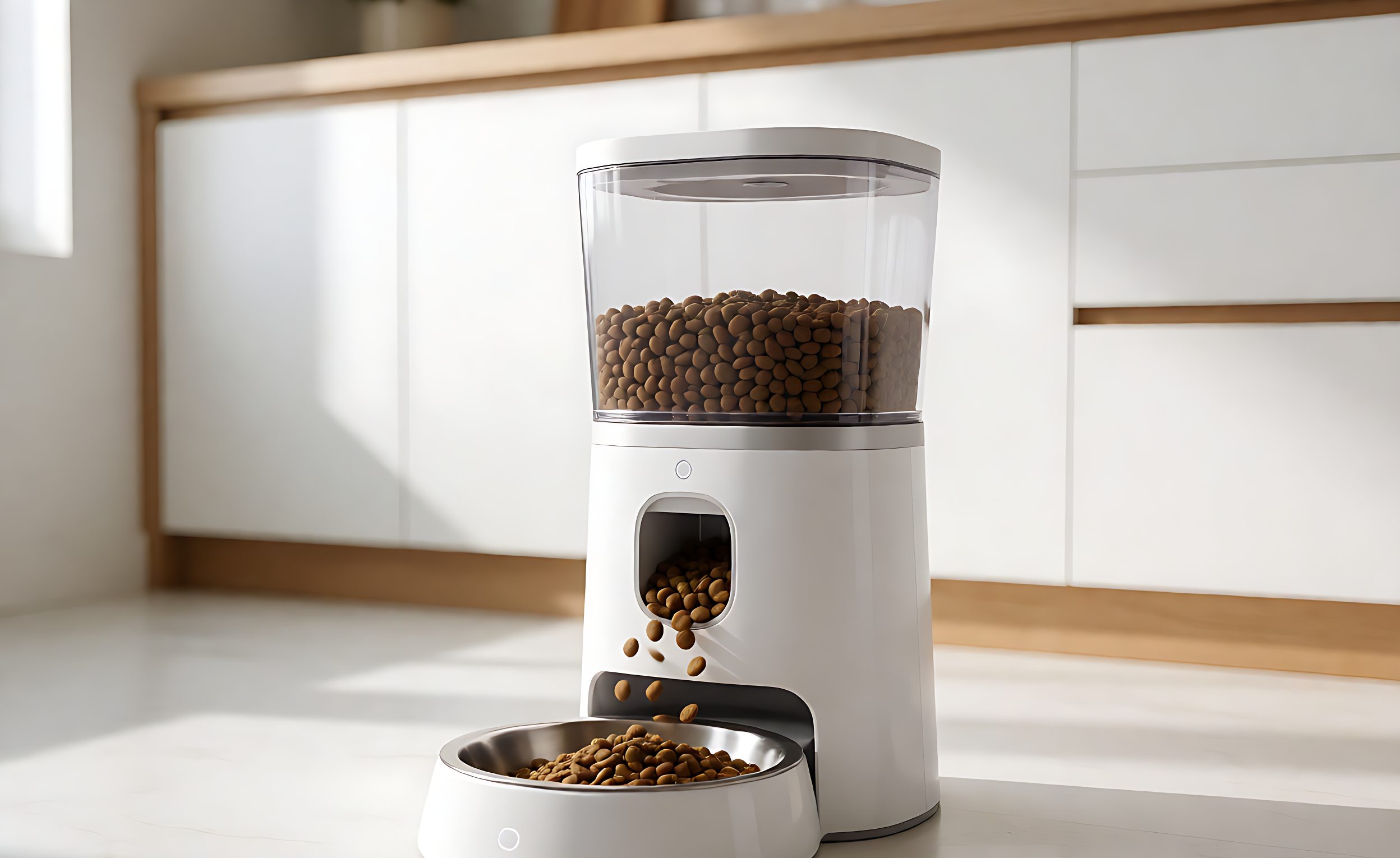 Smart pet feeder dispensing kibble into a stainless bowl below the hopper