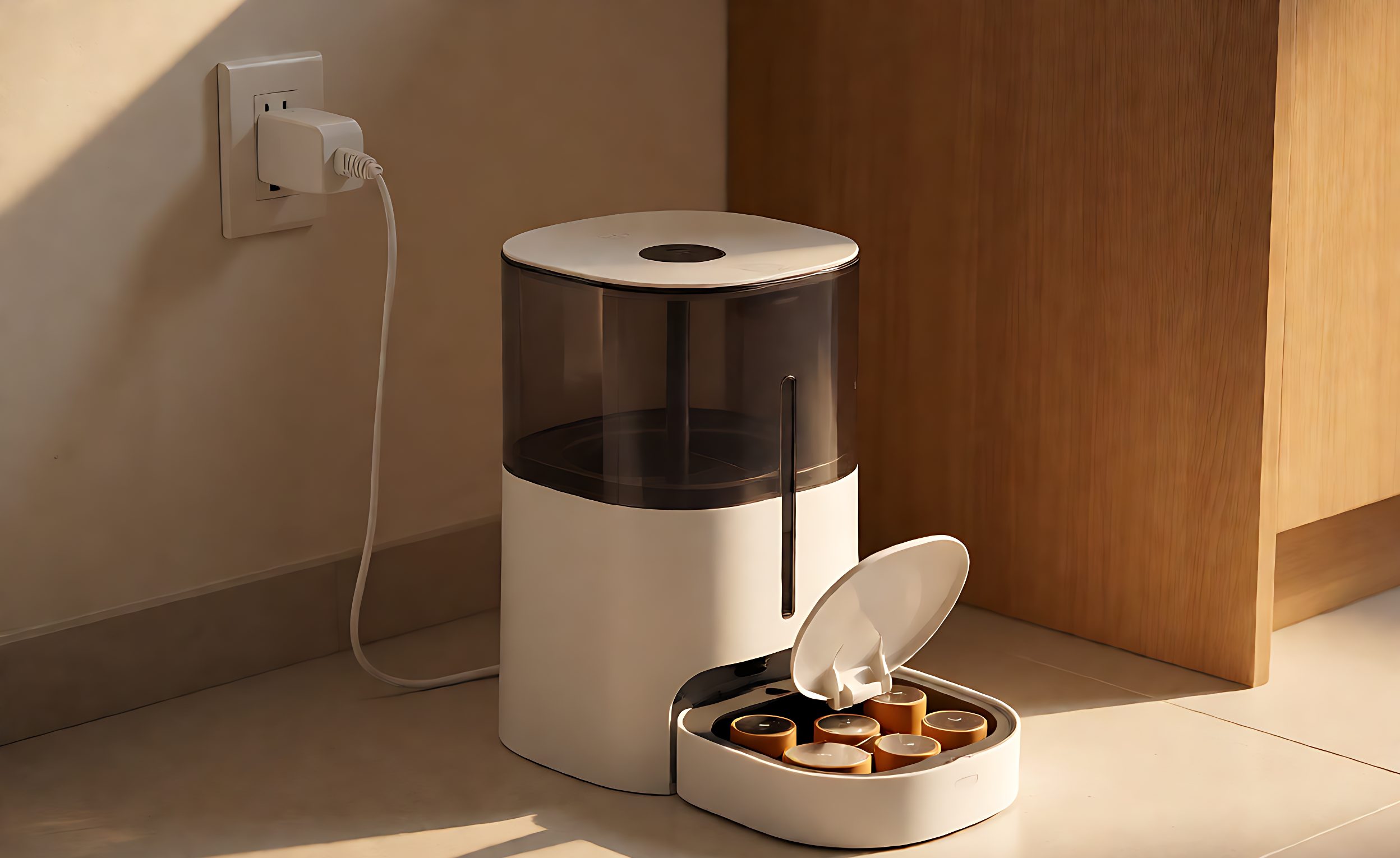 Automatic pet feeder with power adapter connected and battery compartment open