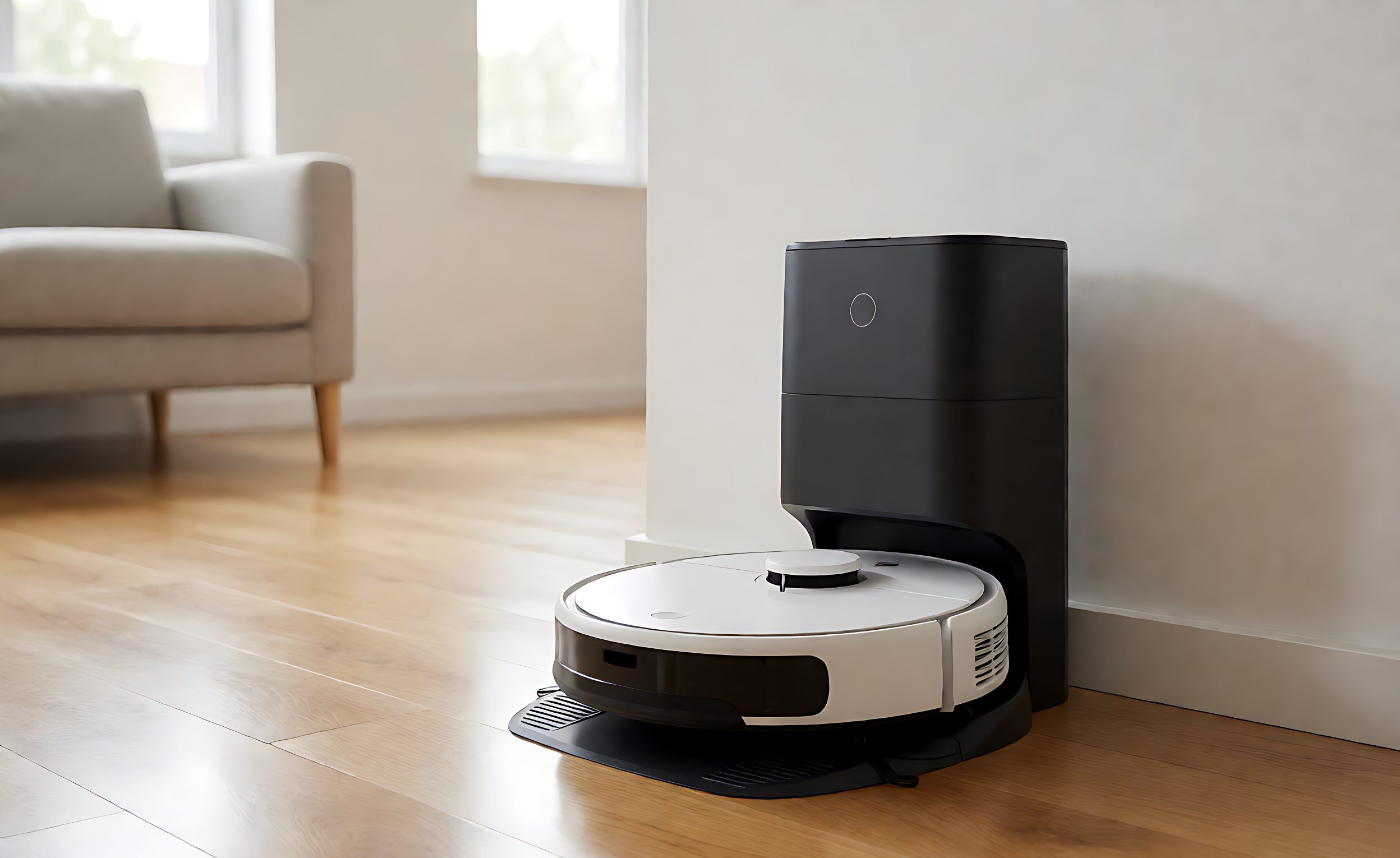 Modern robot vacuum beside its docking station on a wooden floor