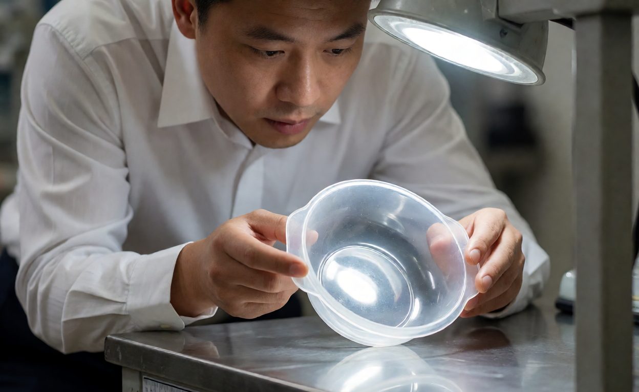 Inspector examining a plastic children's bowl under an inspection lamp