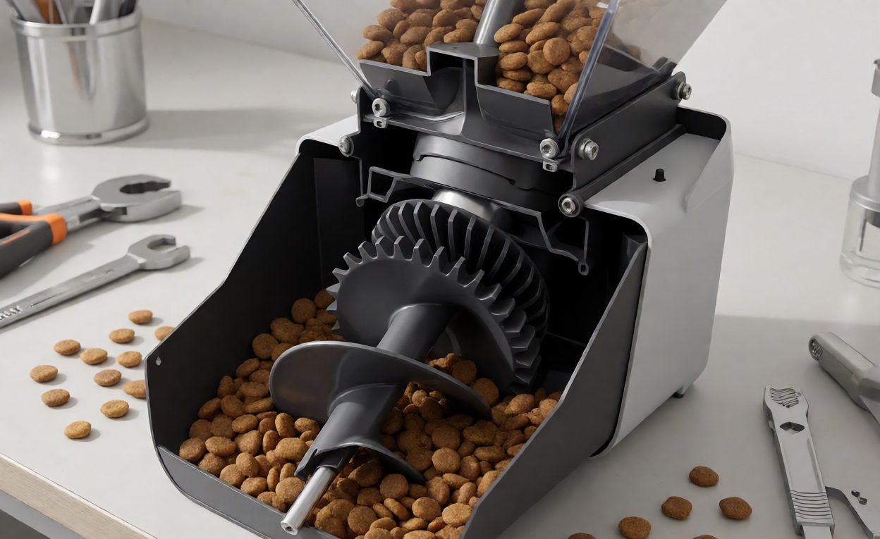 Auger portioning mechanism Auger screw mechanism inside a pet feeder hopper with kibble