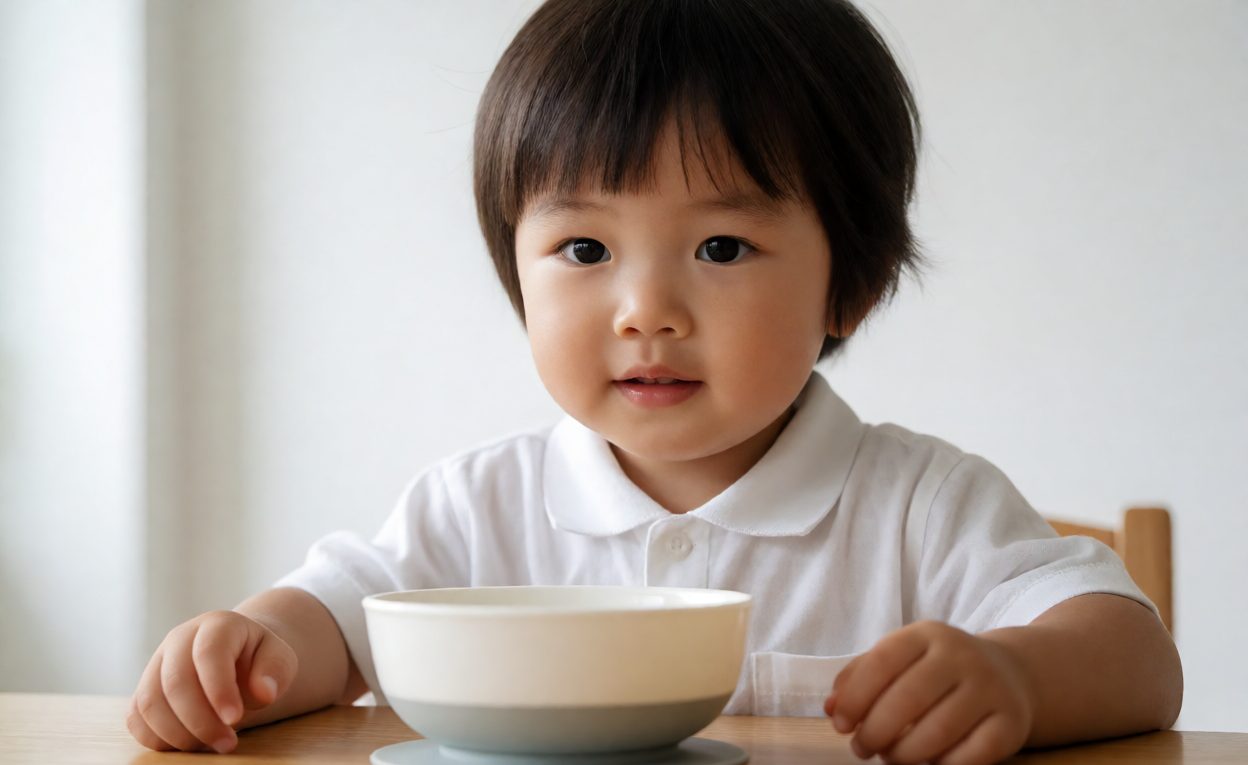 Child's bowl with a suction base pressed onto a table surface