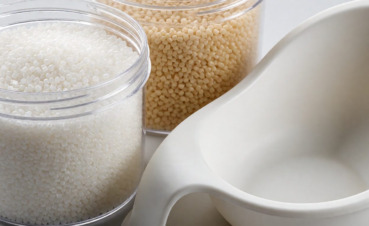Food-grade plastic pellets beside a molded children's bowl sample