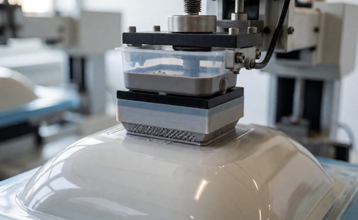 Pad printing on a curved surface Pad printing machine applying a logo to a curved plastic surface