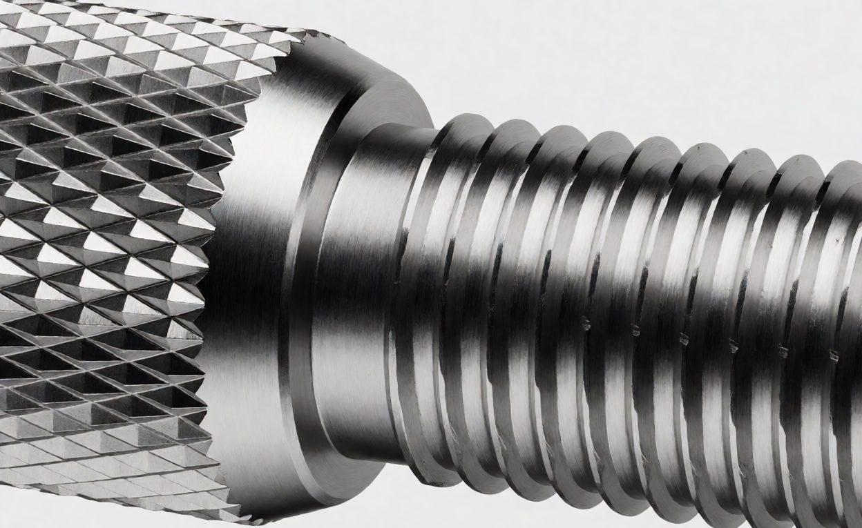 Macro view of a threaded metal shaft joining a knurled steel dart barrel