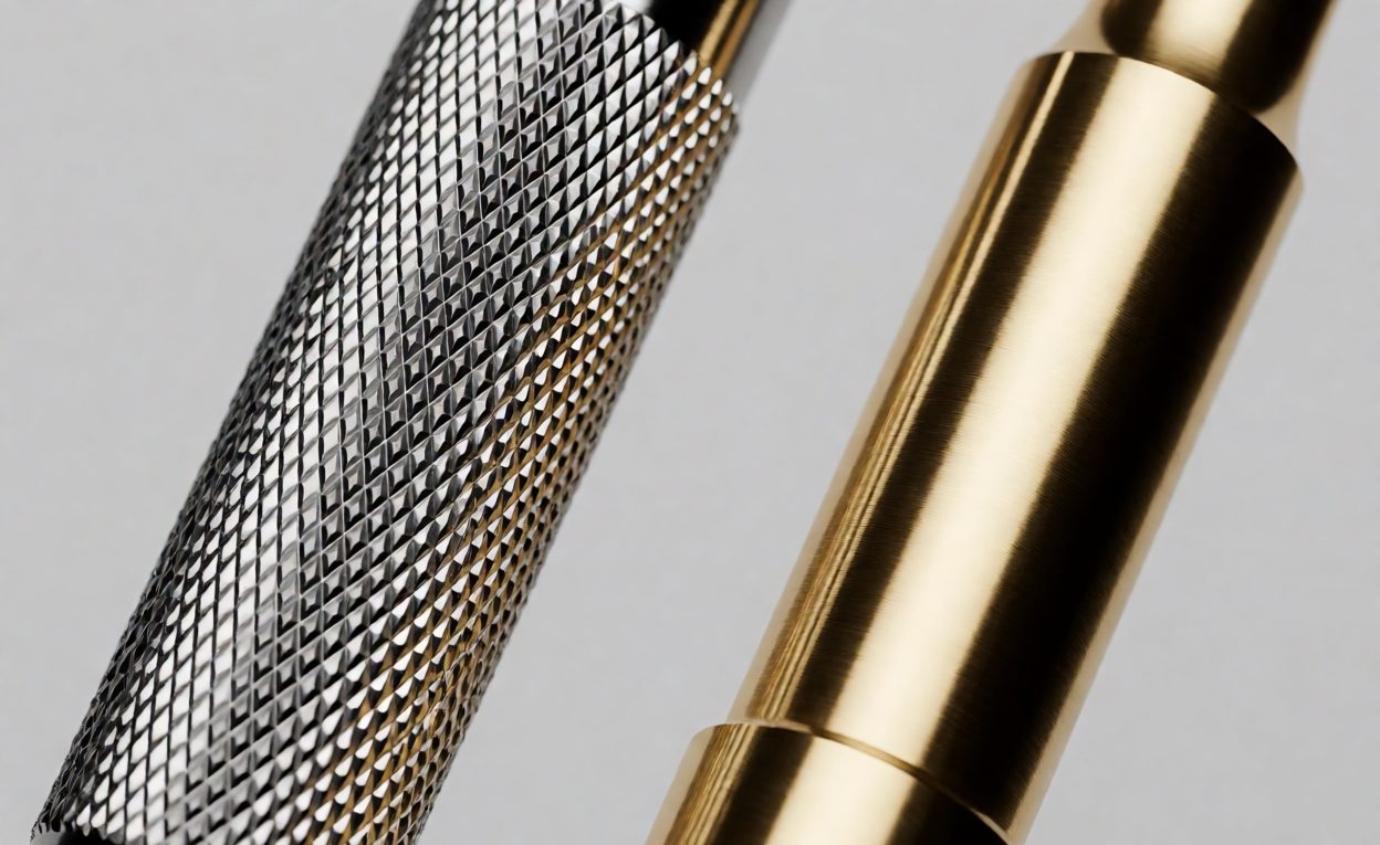 Knurled tungsten dart barrel beside a smooth brass barrel